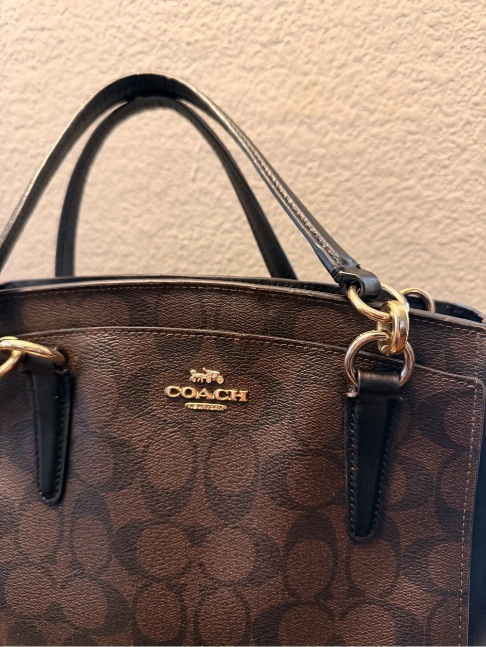 COACH Brown and Black Signature Satchel with Gold Hardware